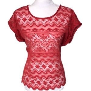 BAR III Watermelon Coral Crochet Lace Top Large